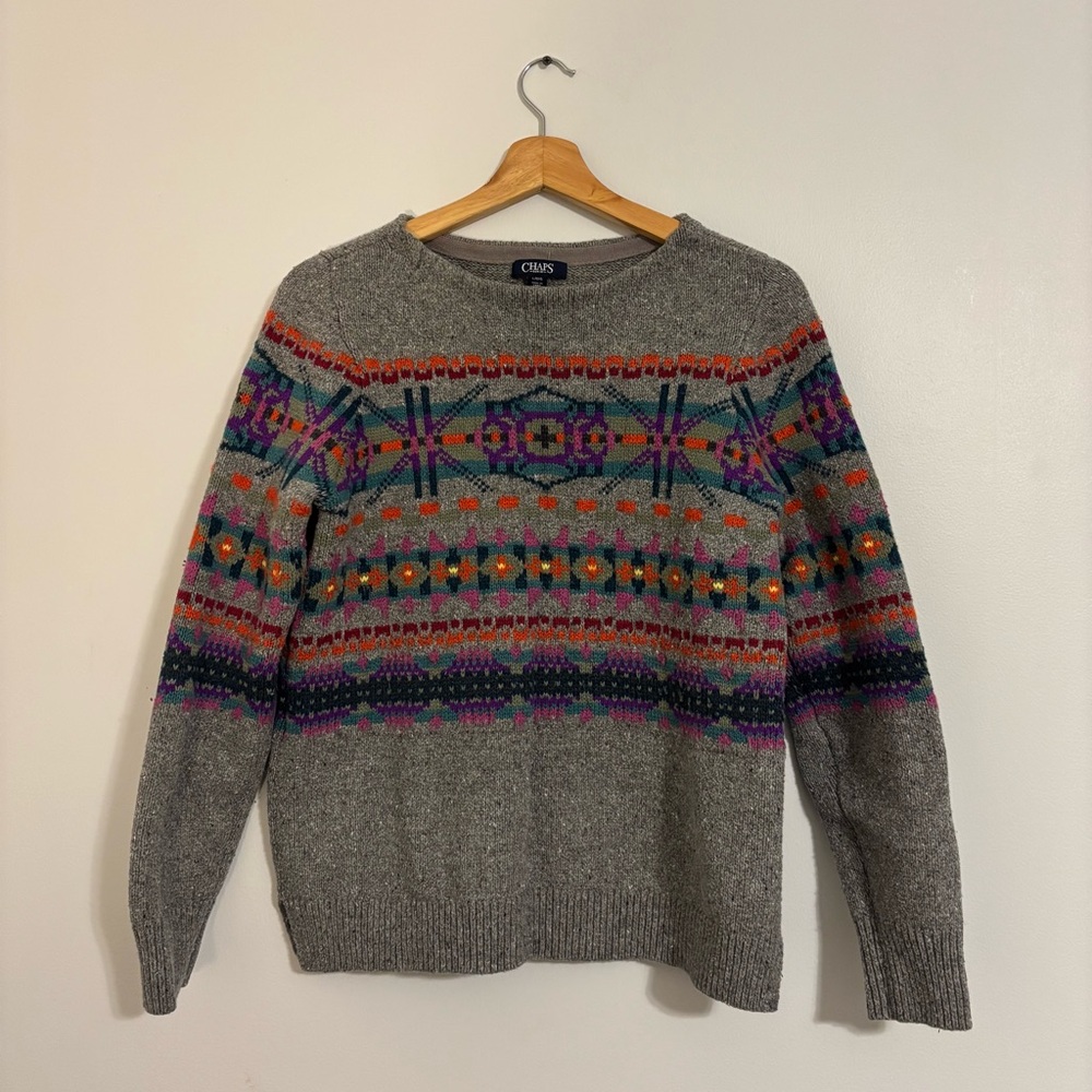 Chaps Denim Fair Isle Ski Sweater - Large - Heather Gray